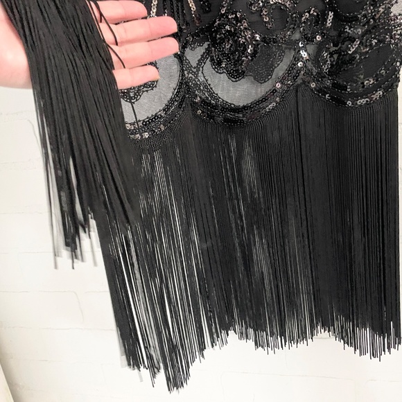 Suzy Shier Formal Dress Swing Art deco Great Gatsby Sequin Fringes Black Sz XL - Picture 8 of 15